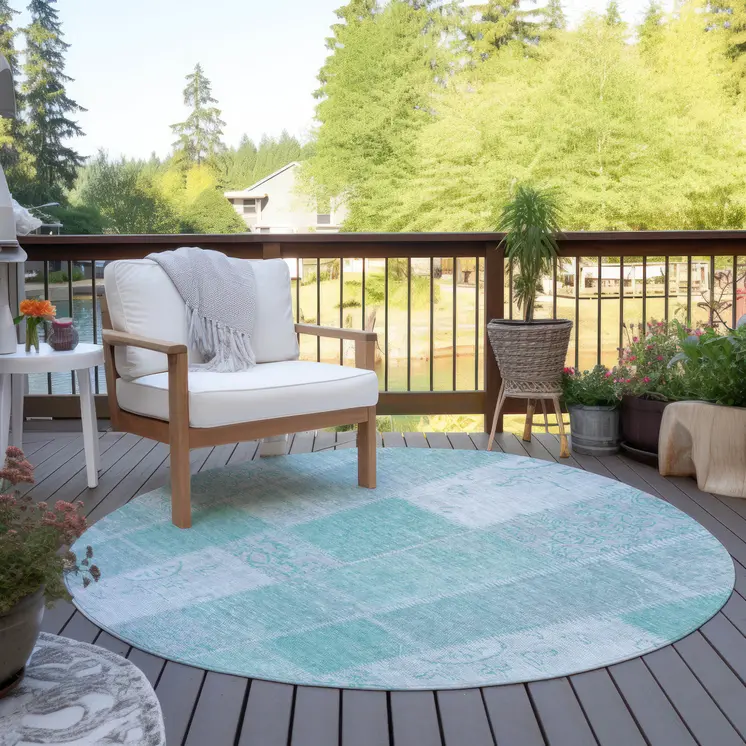 8' Aqua Teal Blue And Silver Round Patchwork Washable Indoor Outdoor Area Rug