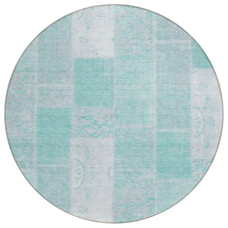 8' Aqua Teal Blue And Silver Round Patchwork Washable Indoor Outdoor Area Rug