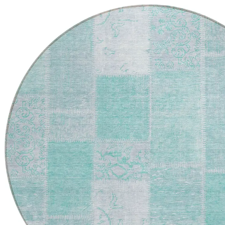 8' Aqua Teal Blue And Silver Round Patchwork Washable Indoor Outdoor Area Rug