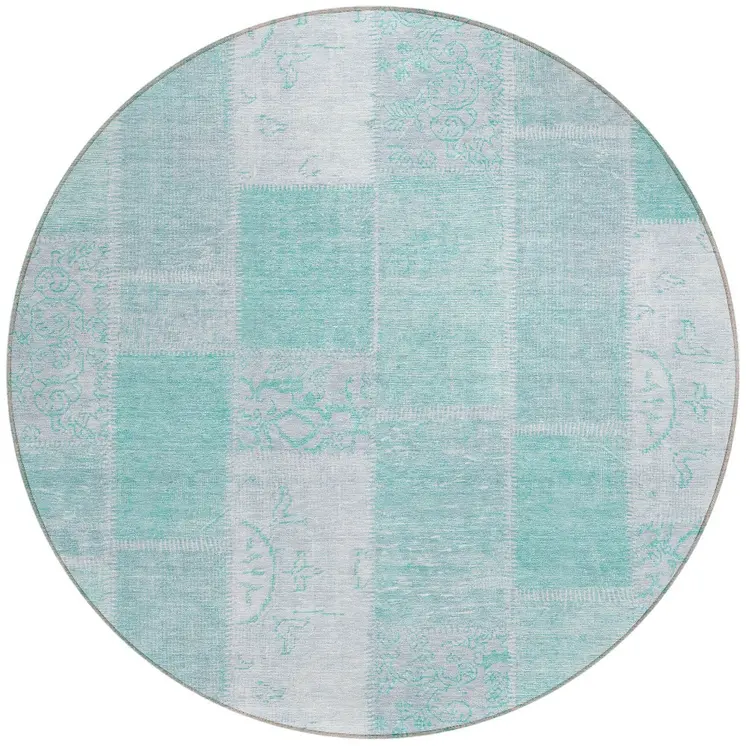 8' Aqua Teal Blue And Silver Round Patchwork Washable Indoor Outdoor Area Rug