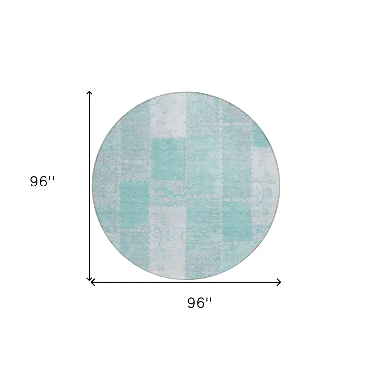 8' Aqua Teal Blue And Silver Round Patchwork Washable Indoor Outdoor Area Rug