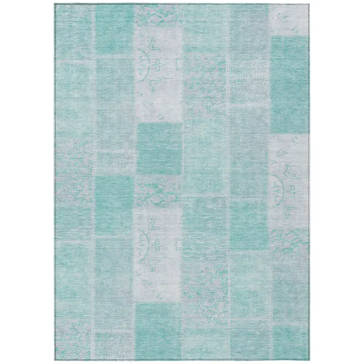 8' X 10' Aqua Teal Blue And Silver Patchwork Washable Indoor Outdoor Area Rug