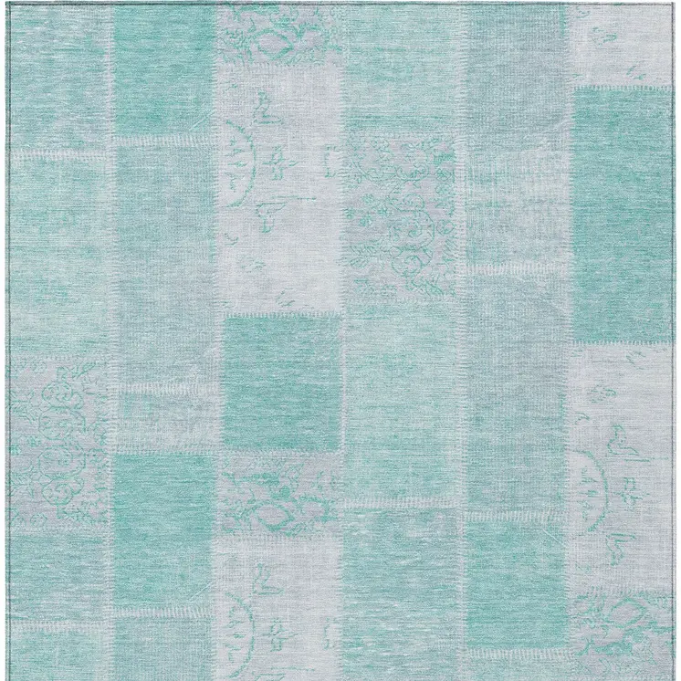 8' X 10' Aqua Teal Blue And Silver Patchwork Washable Indoor Outdoor Area Rug