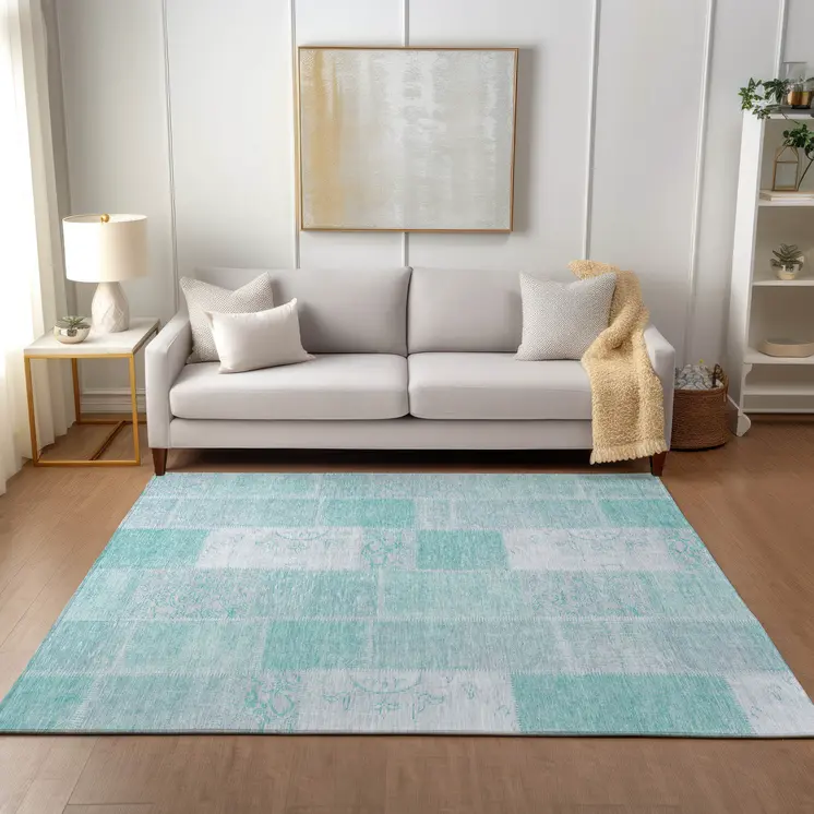 8' X 10' Aqua Teal Blue And Silver Patchwork Washable Indoor Outdoor Area Rug