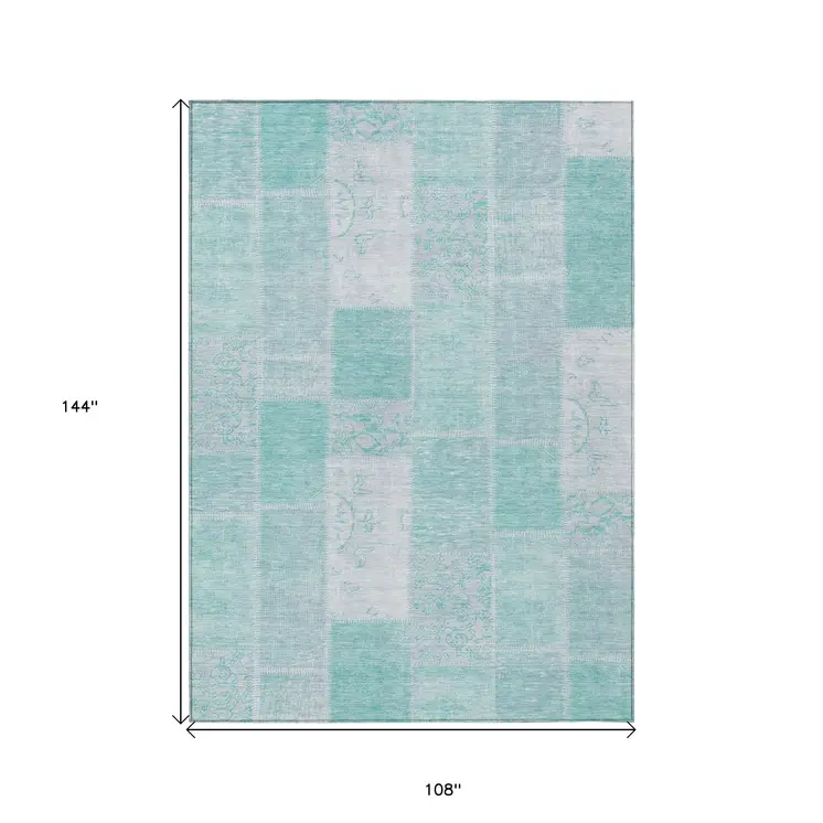 9' X 12' Aqua Teal Blue And Silver Patchwork Washable Indoor Outdoor Area Rug