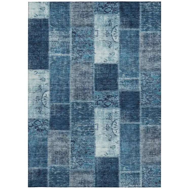 3' X 5' Navy Blue And Sky Blue Patchwork Washable Indoor Outdoor Area Rug