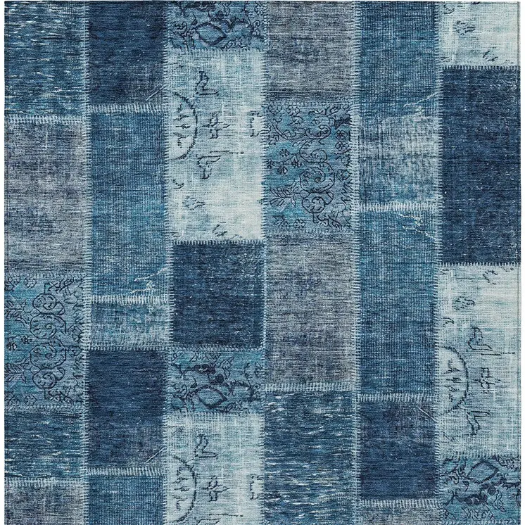 3' X 5' Navy Blue And Sky Blue Patchwork Washable Indoor Outdoor Area Rug