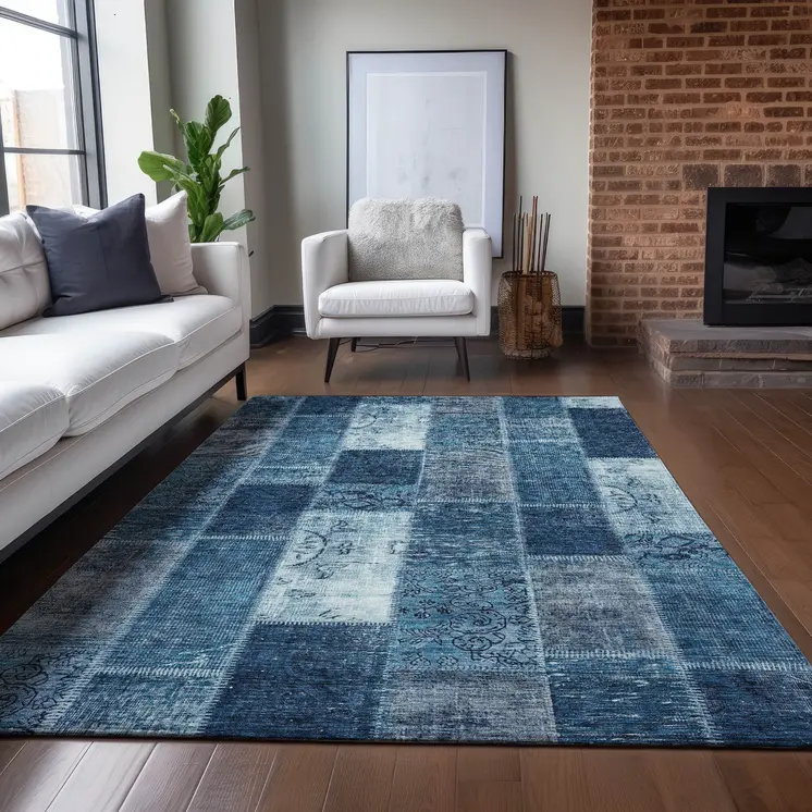 3' X 5' Navy Blue And Sky Blue Patchwork Washable Indoor Outdoor Area Rug