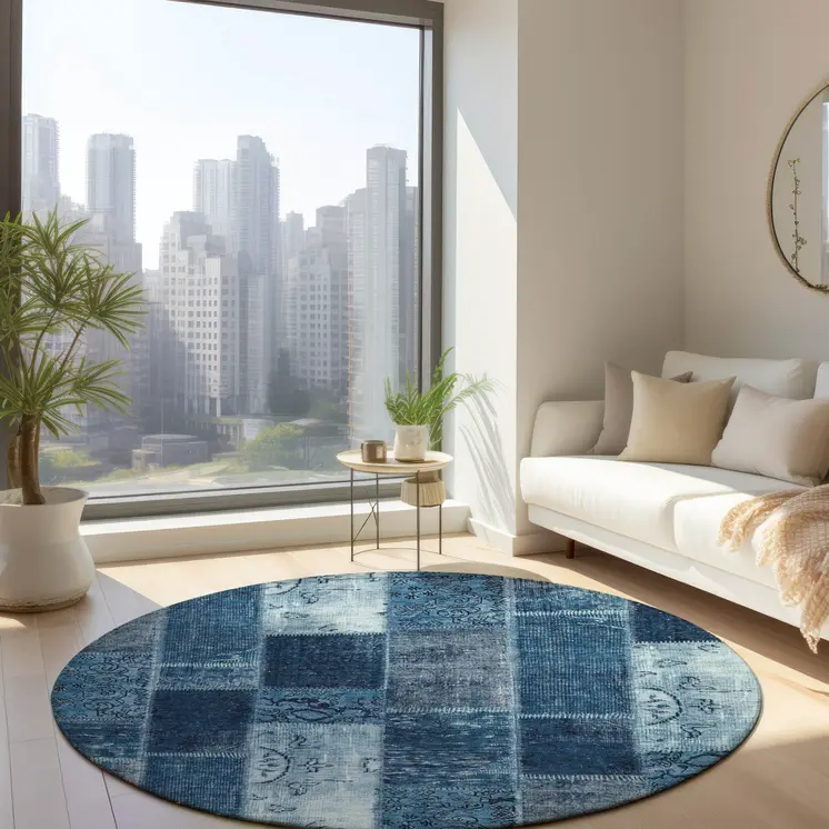 8' Navy Blue And Sky Blue Round Patchwork Washable Indoor Outdoor Area Rug