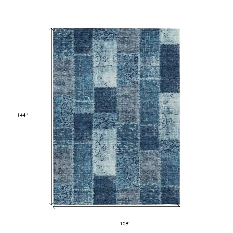9' X 12' Navy Blue And Sky Blue Patchwork Washable Indoor Outdoor Area Rug