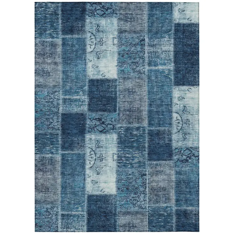 9' X 12' Navy Blue And Sky Blue Patchwork Washable Indoor Outdoor Area Rug