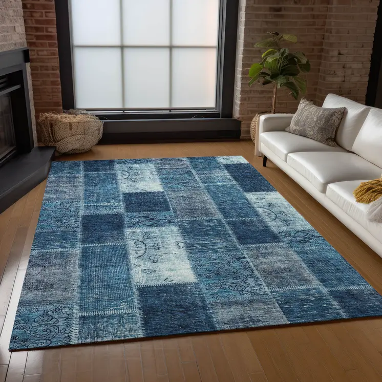 9' X 12' Navy Blue And Sky Blue Patchwork Washable Indoor Outdoor Area Rug