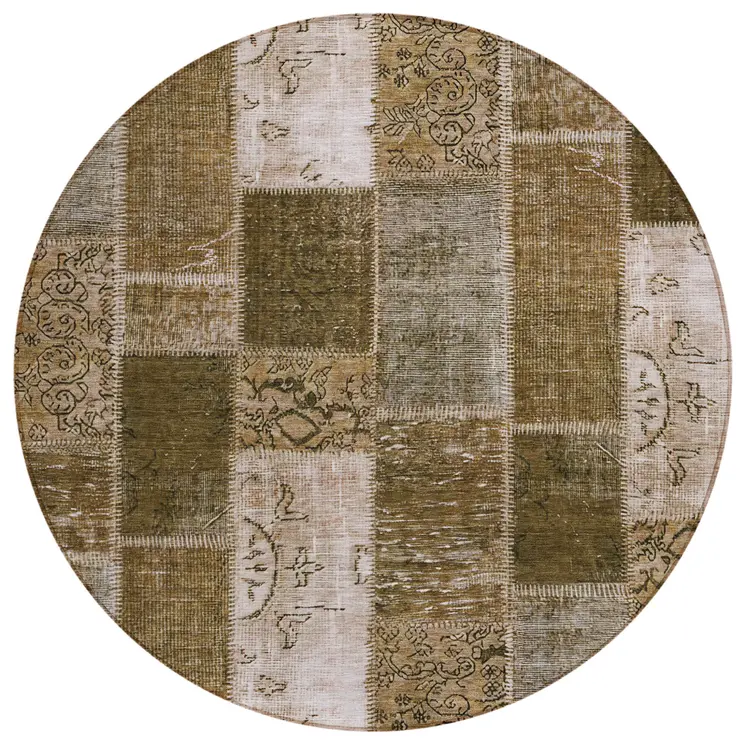 8' Brown And Ivory Round Patchwork Washable Indoor Outdoor Area Rug