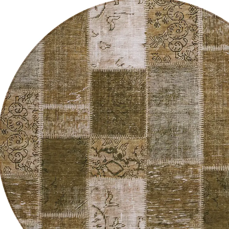 8' Brown And Ivory Round Patchwork Washable Indoor Outdoor Area Rug