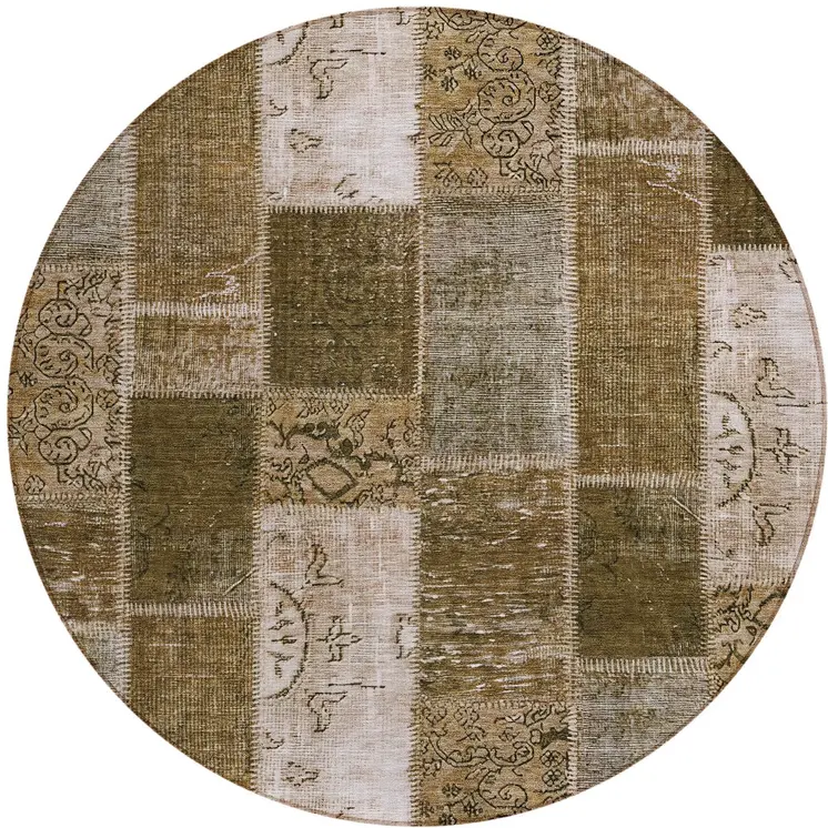 8' Brown And Ivory Round Patchwork Washable Indoor Outdoor Area Rug