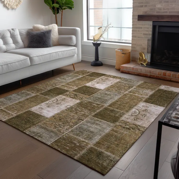 8' X 10' Brown And Ivory Patchwork Washable Indoor Outdoor Area Rug