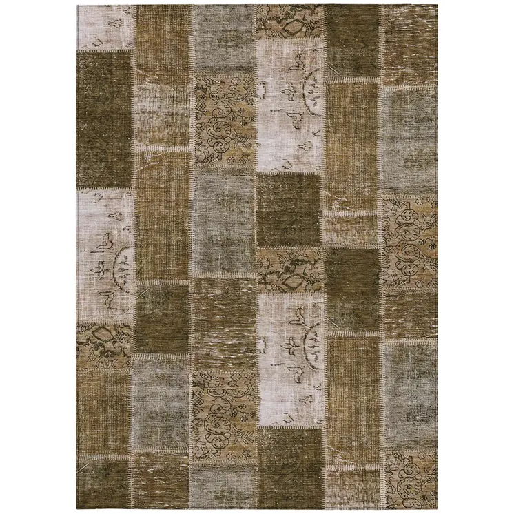 9' X 12' Brown And Ivory Patchwork Washable Indoor Outdoor Area Rug