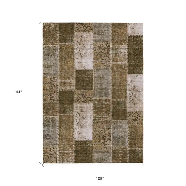 9' X 12' Brown And Ivory Patchwork Washable Indoor Outdoor Area Rug