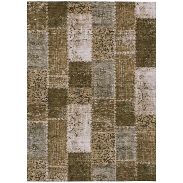 9' X 12' Brown And Ivory Patchwork Washable Indoor Outdoor Area Rug