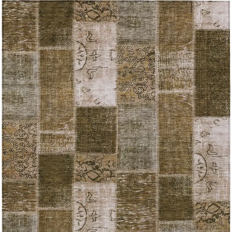 10' X 14' Brown And Ivory Patchwork Washable Indoor Outdoor Area Rug