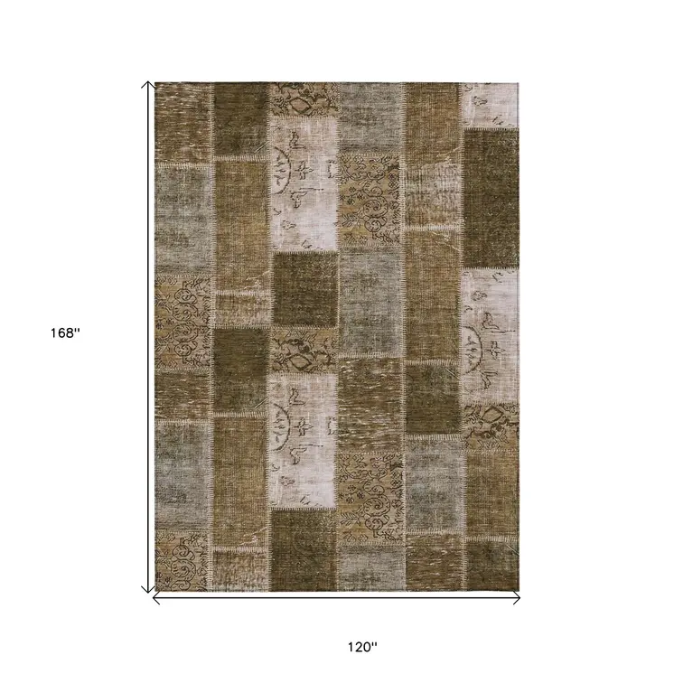 10' X 14' Brown And Ivory Patchwork Washable Indoor Outdoor Area Rug