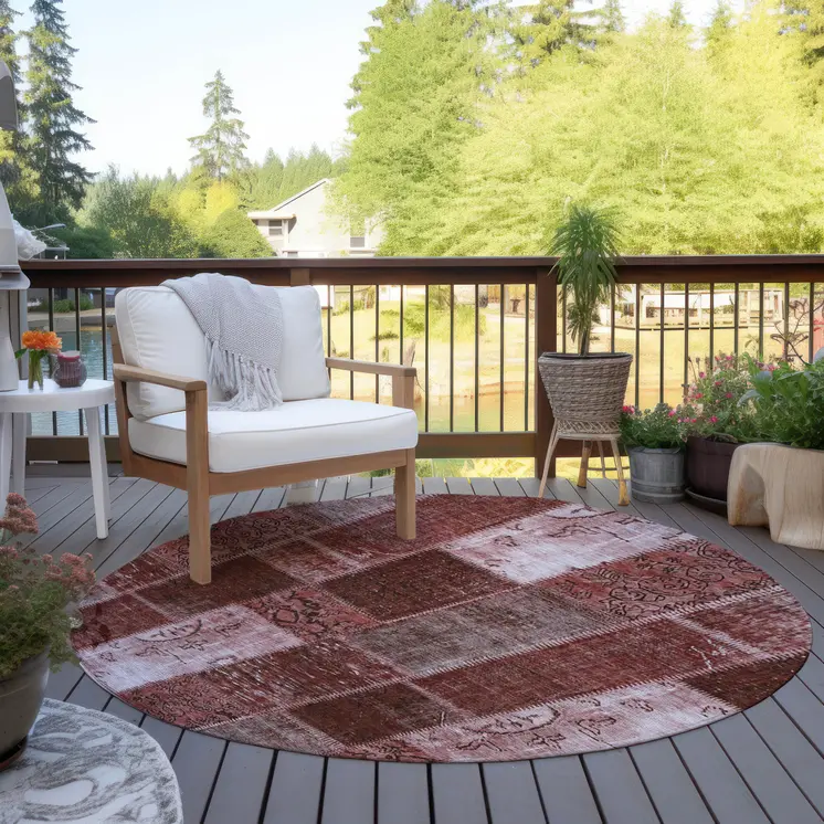 8' Burgundy Merlot And Blush Round Patchwork Washable Indoor Outdoor Area Rug