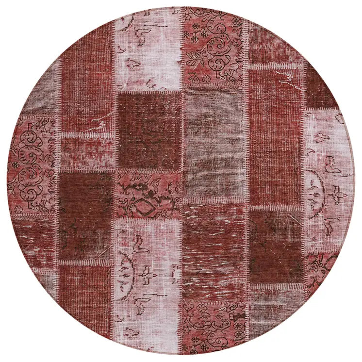 8' Burgundy Merlot And Blush Round Patchwork Washable Indoor Outdoor Area Rug