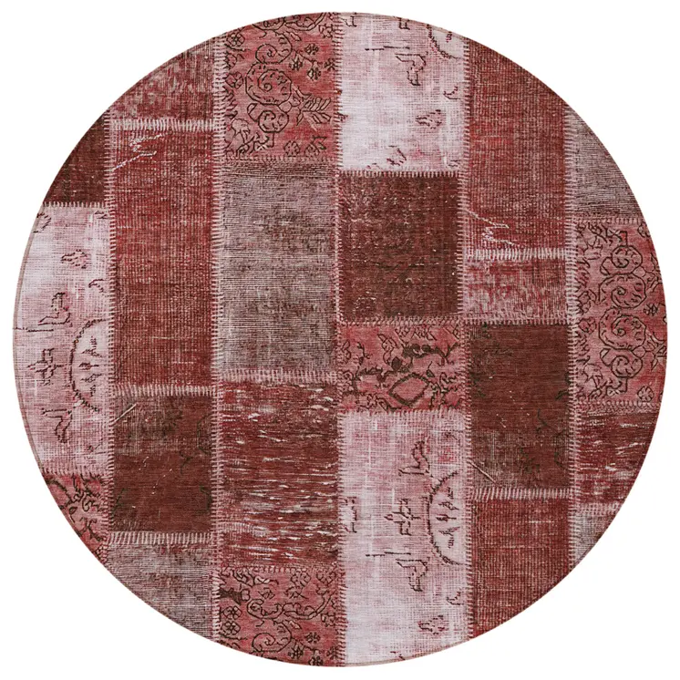 8' Burgundy Merlot And Blush Round Patchwork Washable Indoor Outdoor Area Rug