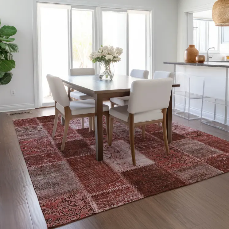 8' X 10' Burgundy Merlot And Blush Patchwork Washable Indoor Outdoor Area Rug