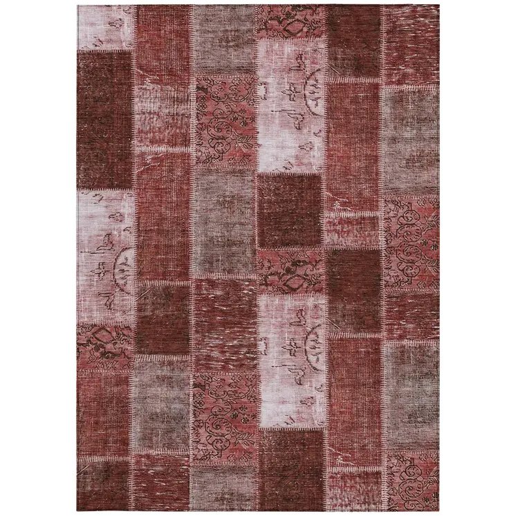 9' X 12' Burgundy Merlot And Blush Patchwork Washable Indoor Outdoor Area Rug