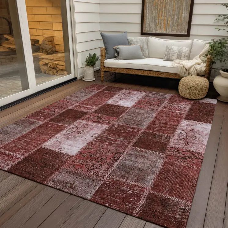 9' X 12' Burgundy Merlot And Blush Patchwork Washable Indoor Outdoor Area Rug
