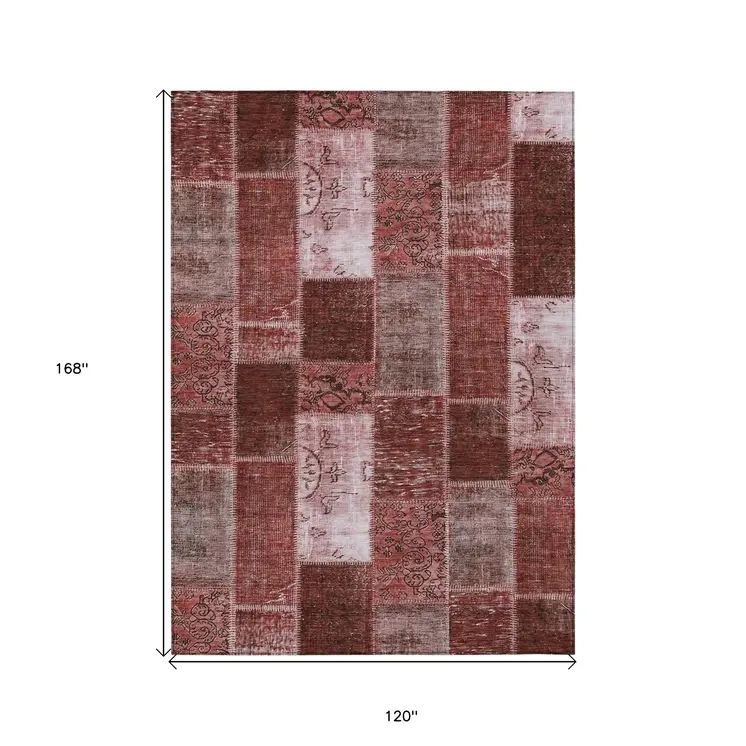 10' X 14' Burgundy Merlot And Blush Patchwork Washable Indoor Outdoor Area Rug
