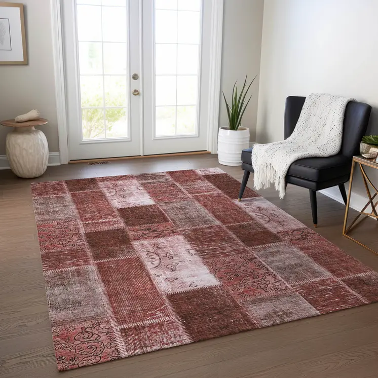 10' X 14' Burgundy Merlot And Blush Patchwork Washable Indoor Outdoor Area Rug