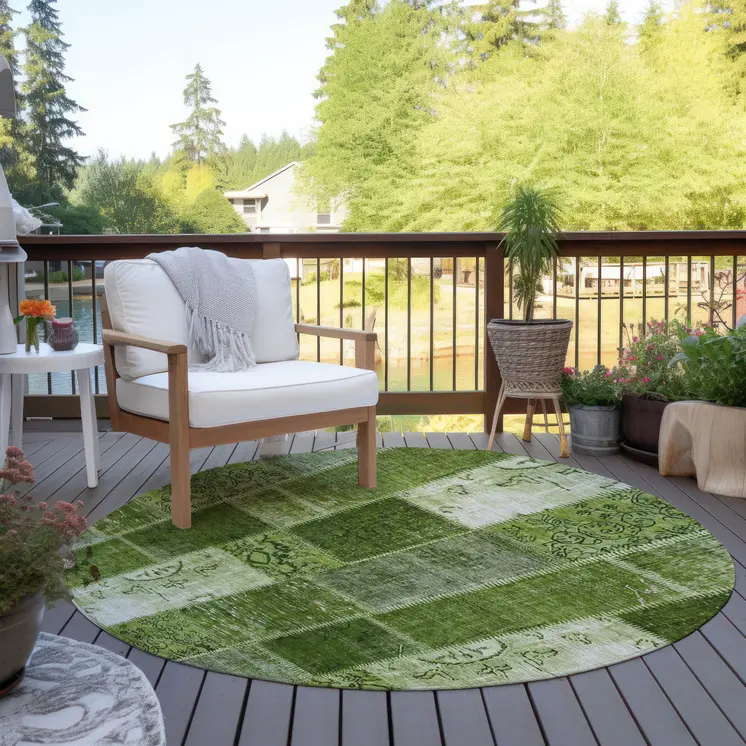 8' Olive Green And Artichoke Green Round Patchwork Washable Indoor Outdoor Area Rug