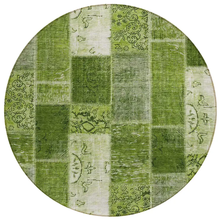 8' Olive Green And Artichoke Green Round Patchwork Washable Indoor Outdoor Area Rug