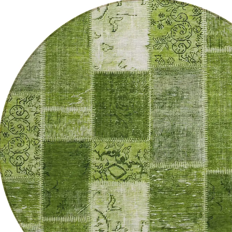 8' Olive Green And Artichoke Green Round Patchwork Washable Indoor Outdoor Area Rug