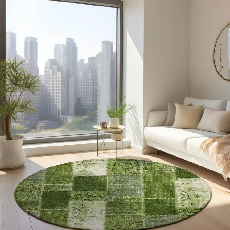 8' Olive Green And Artichoke Green Round Patchwork Washable Indoor Outdoor Area Rug