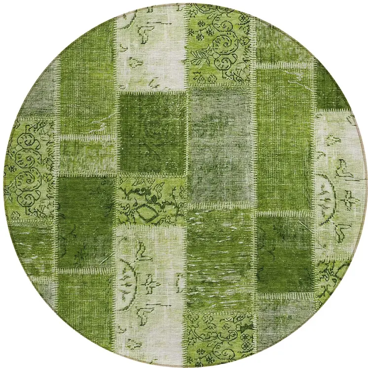 8' Olive Green And Artichoke Green Round Patchwork Washable Indoor Outdoor Area Rug
