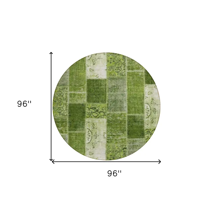 8' Olive Green And Artichoke Green Round Patchwork Washable Indoor Outdoor Area Rug