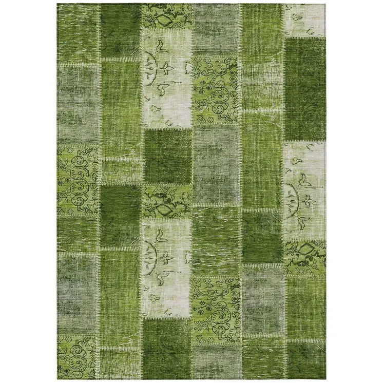 10' X 14' Olive Green And Artichoke Green Patchwork Washable Indoor Outdoor Area Rug