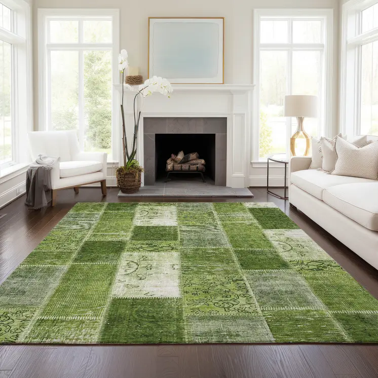 10' X 14' Olive Green And Artichoke Green Patchwork Washable Indoor Outdoor Area Rug