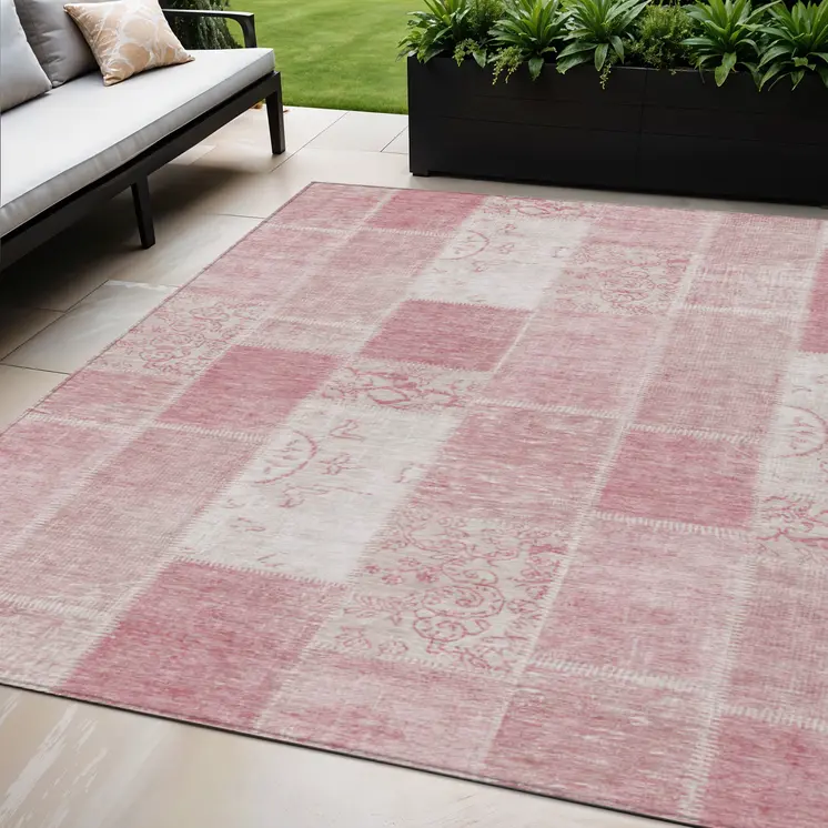 5' X 8' Pink Blush And Ivory Patchwork Washable Indoor Outdoor Area Rug
