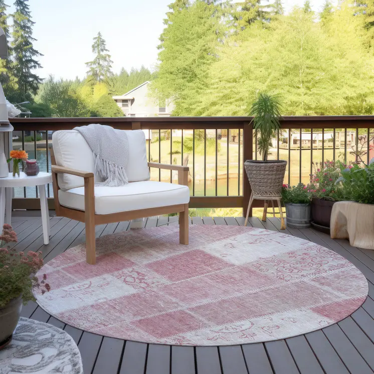 8' Pink Blush And Ivory Round Patchwork Washable Indoor Outdoor Area Rug