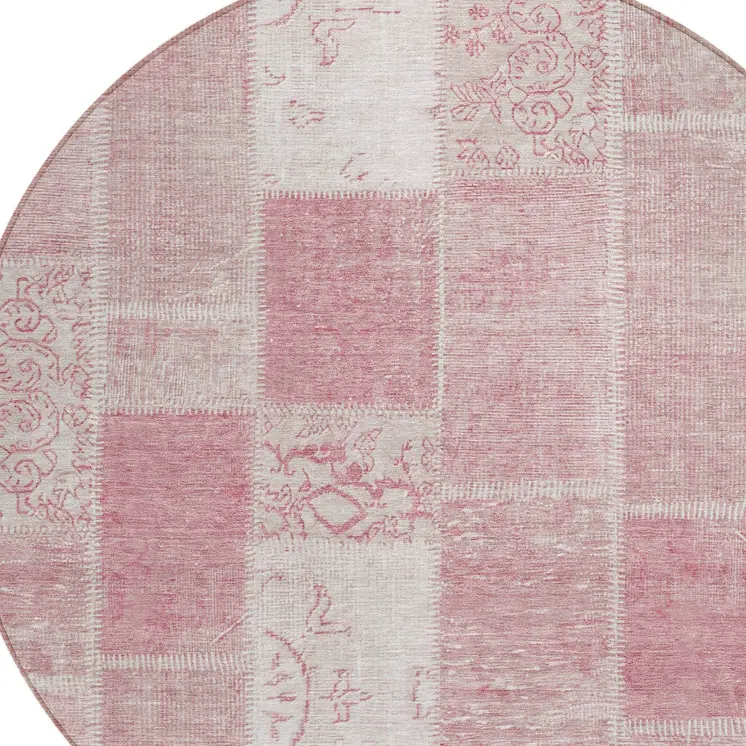 8' Pink Blush And Ivory Round Patchwork Washable Indoor Outdoor Area Rug