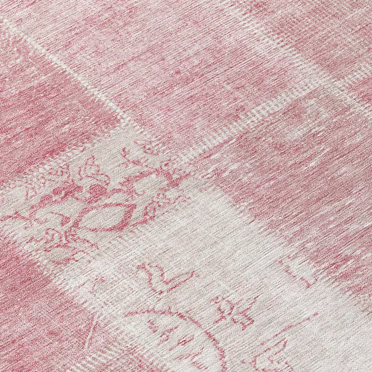 8' Pink Blush And Ivory Round Patchwork Washable Indoor Outdoor Area Rug