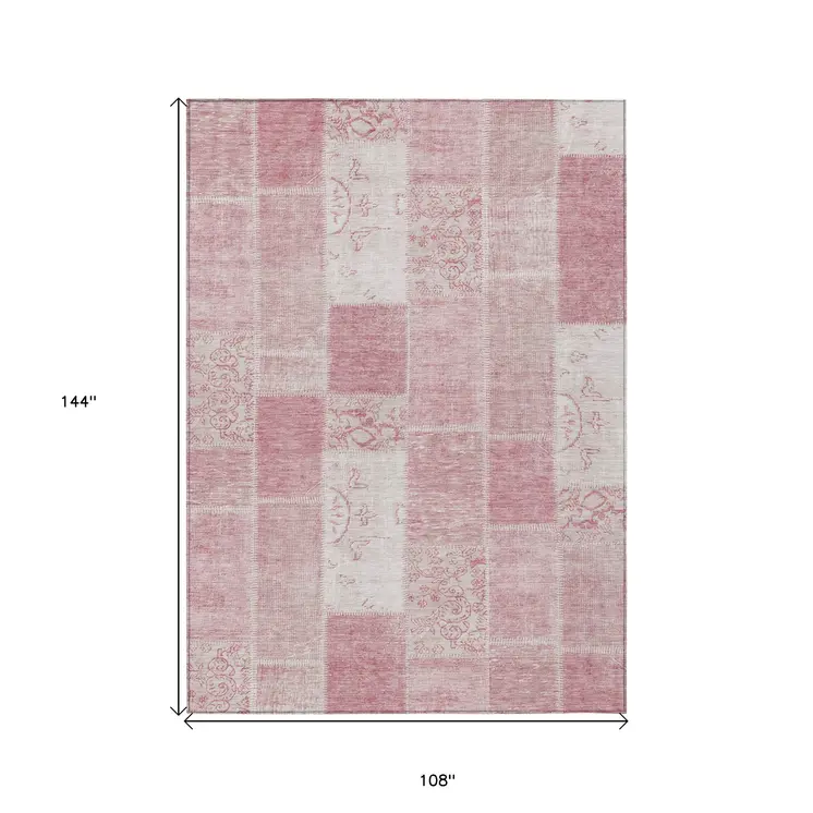 9' X 12' Pink Blush And Ivory Patchwork Washable Indoor Outdoor Area Rug