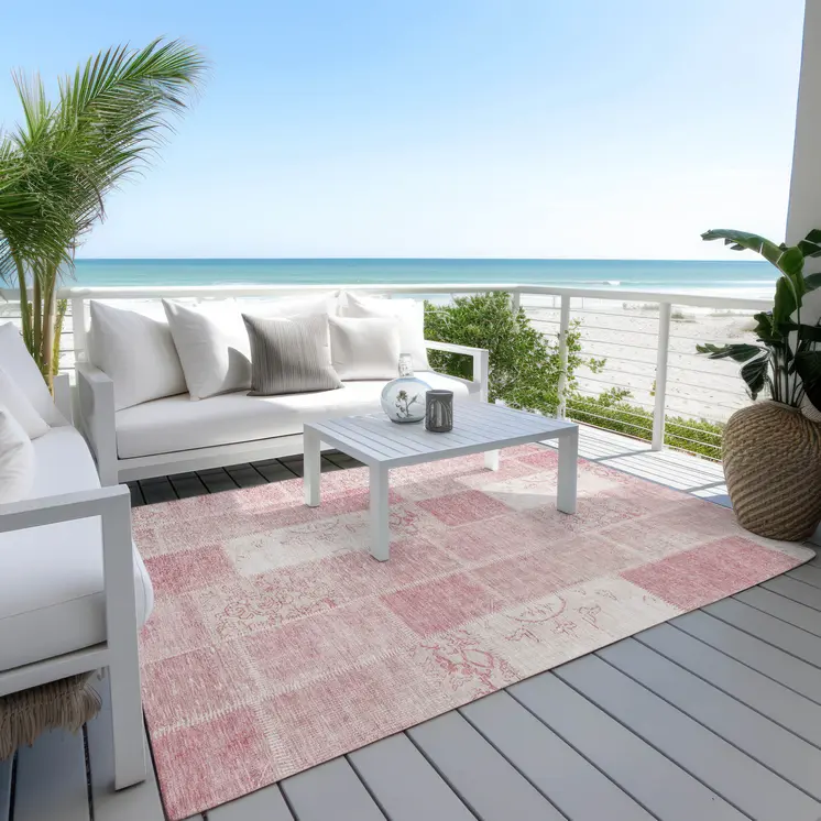 9' X 12' Pink Blush And Ivory Patchwork Washable Indoor Outdoor Area Rug