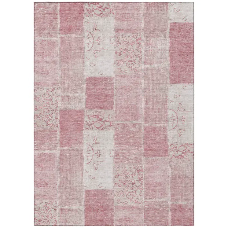 9' X 12' Pink Blush And Ivory Patchwork Washable Indoor Outdoor Area Rug