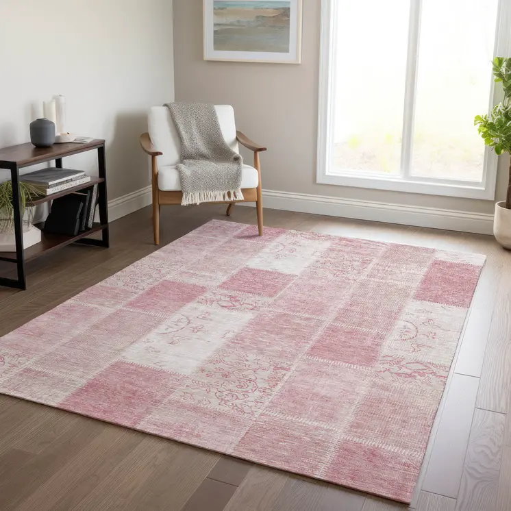 9' X 12' Pink Blush And Ivory Patchwork Washable Indoor Outdoor Area Rug