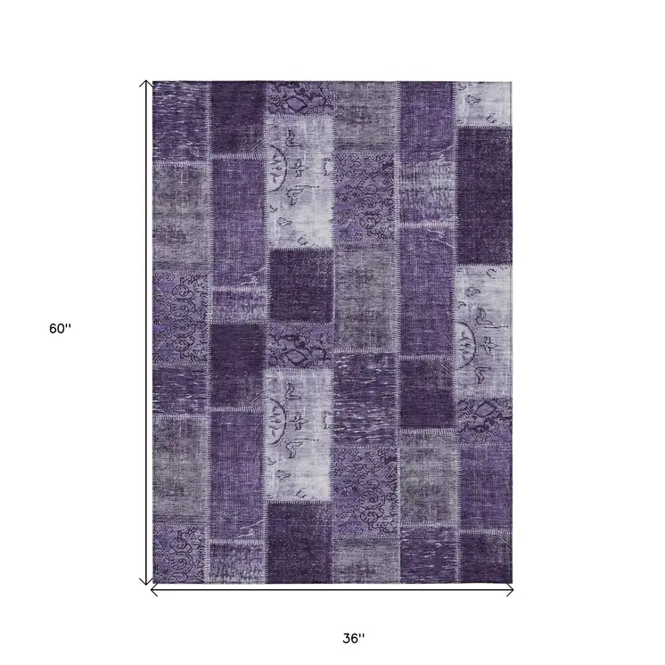 3' X 5' Purple Eggplant And Lavender Patchwork Washable Indoor Outdoor Area Rug